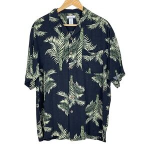 Breakwater Mens Black Palm Leaf Print Aloha Button Up Shirt Medium Tropical 100%
